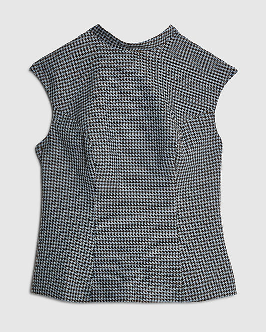 Blue Dogtooth Print Bow Back Top