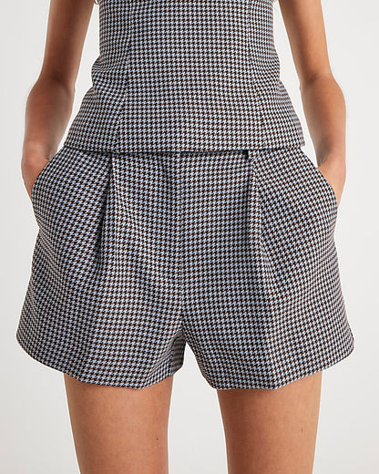 Blue Dogtooth Print Tailored Shorts