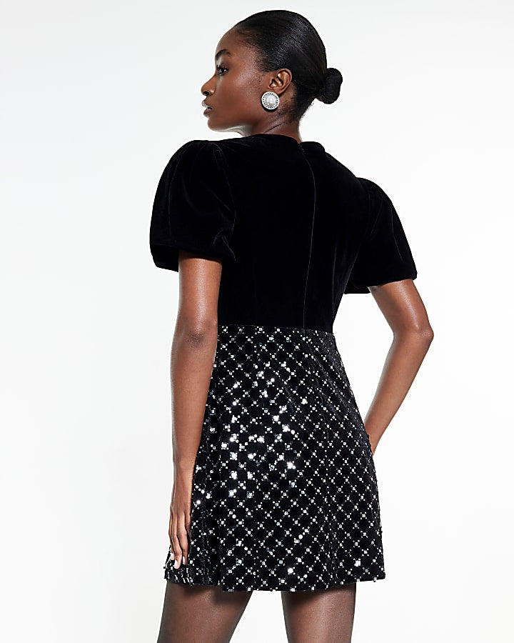 Black Embellished Bow Velvet Mini Dress