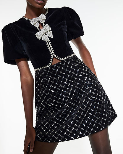 Black Embellished Bow Velvet Mini Dress