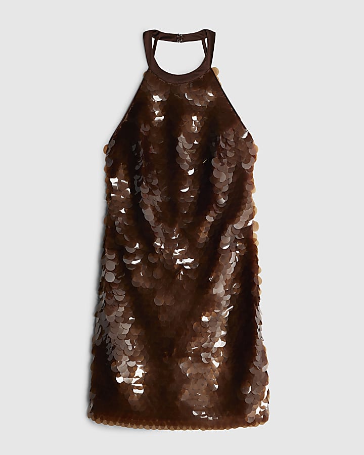 Brown Halter Neck Sequin Mini Dress
