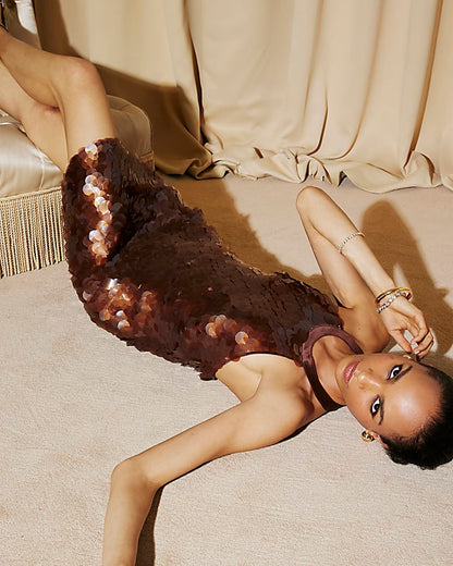 Brown Halter Neck Sequin Mini Dress