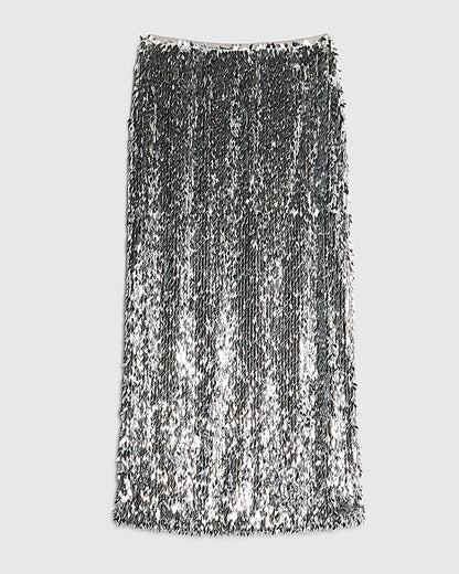 Silver Sequin Midi Skirt