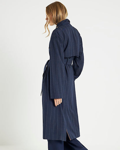 Navy Pinstripe Tailored Trench Coat