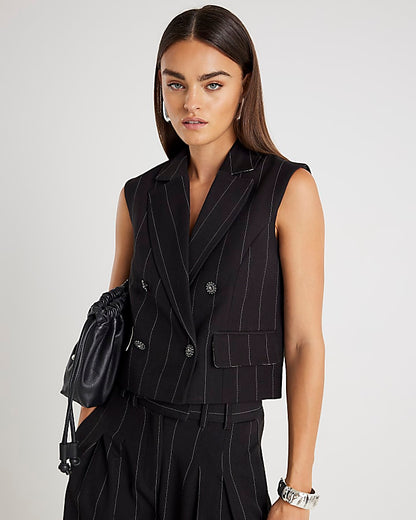 Black Pinstripe Boxy Fit Sleeveless Waistcoat