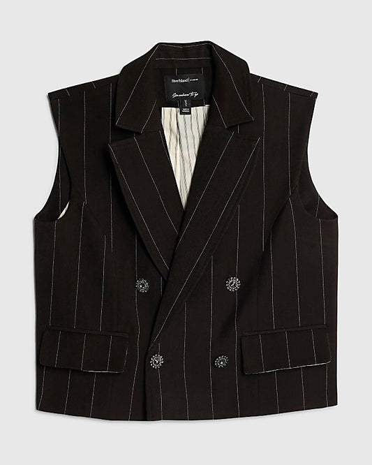 Black Pinstripe Boxy Fit Sleeveless Waistcoat