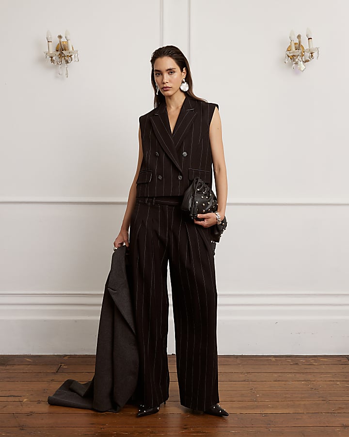 Black Pinstripe Boxy Fit Sleeveless Waistcoat