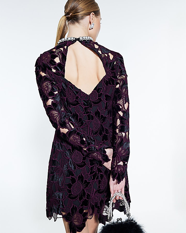 Purple Velvet Lace Trim Mini Dress