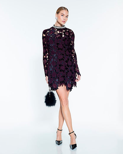 Purple Velvet Lace Trim Mini Dress
