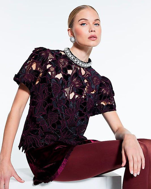 Red Velvet Lace Embellished Top