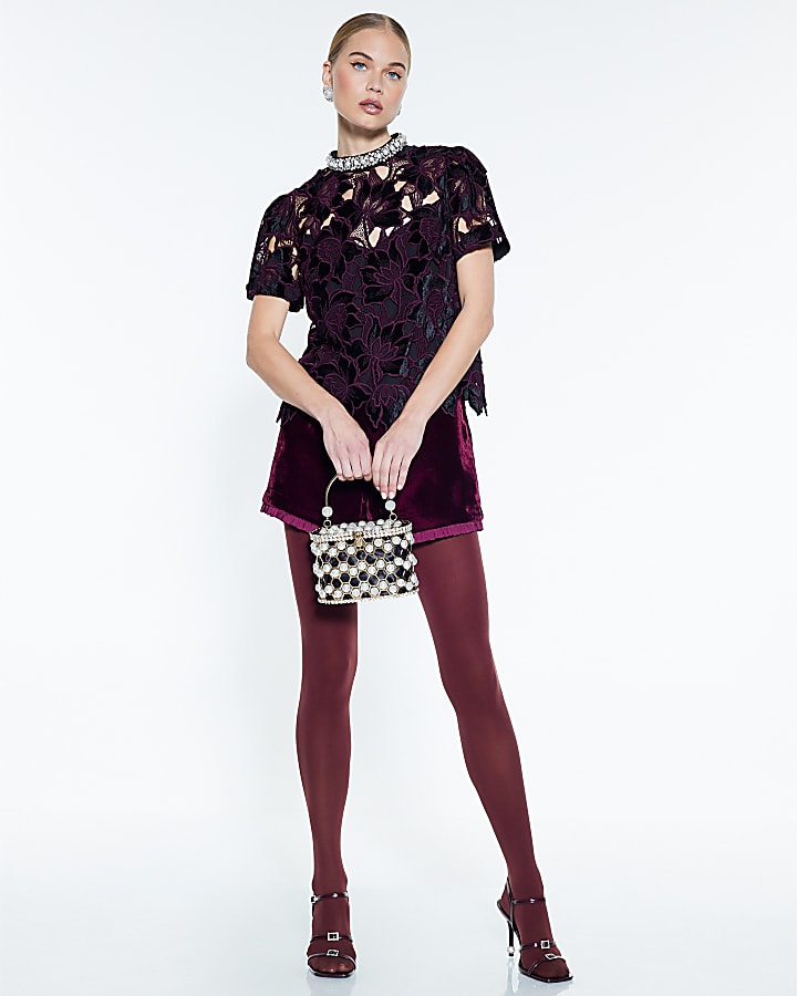 Red Velvet Lace Embellished Top