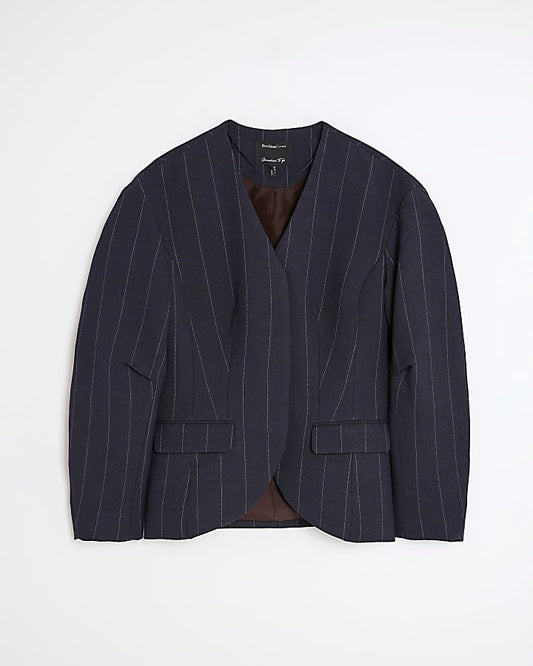 Navy Pinstripe Cocoon Sleeve Blazer