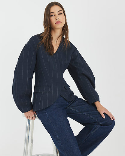 Navy Pinstripe Cocoon Sleeve Blazer