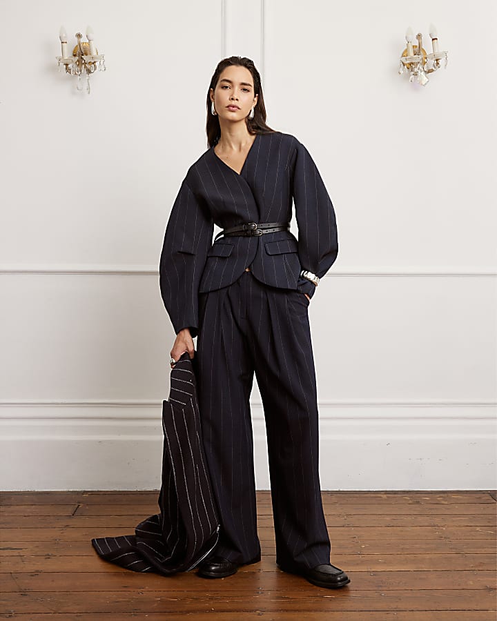 Navy Pinstripe Cocoon Sleeve Blazer