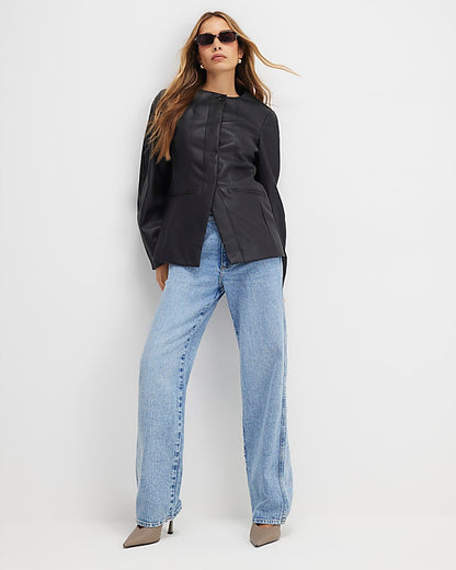 Black Faux Leather Sculpted Blazer