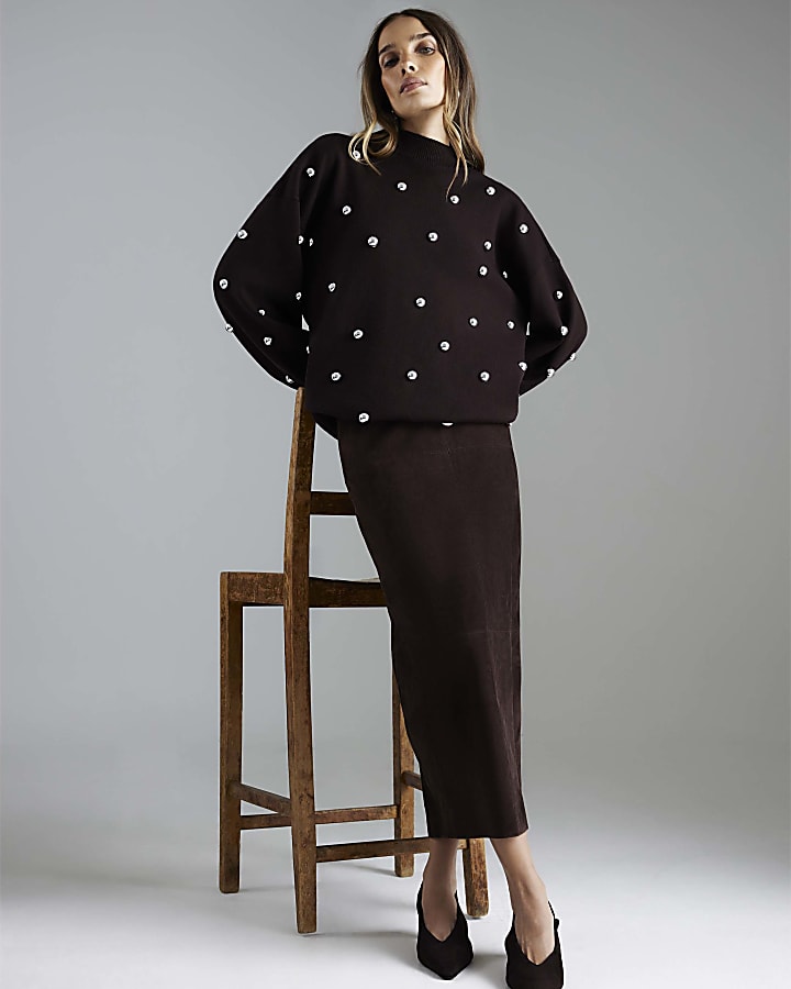 Brown Stud Embellished High Neck Jumper