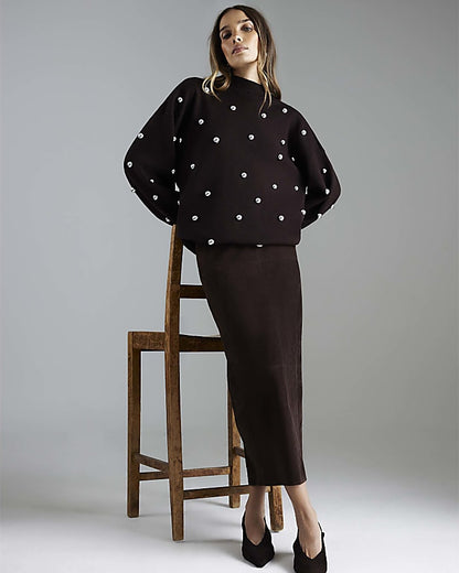 Brown Stud Embellished High Neck Jumper