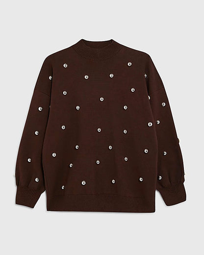 Brown Stud Embellished High Neck Jumper