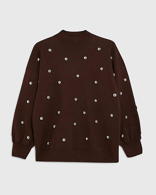 Brown Stud Embellished High Neck Jumper