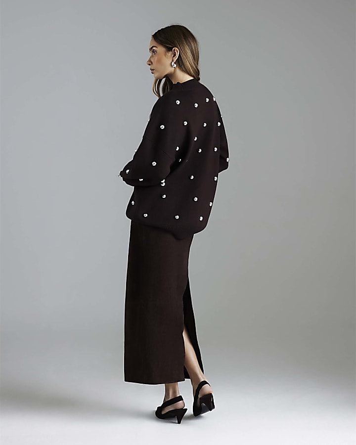 Brown Stud Embellished High Neck Jumper