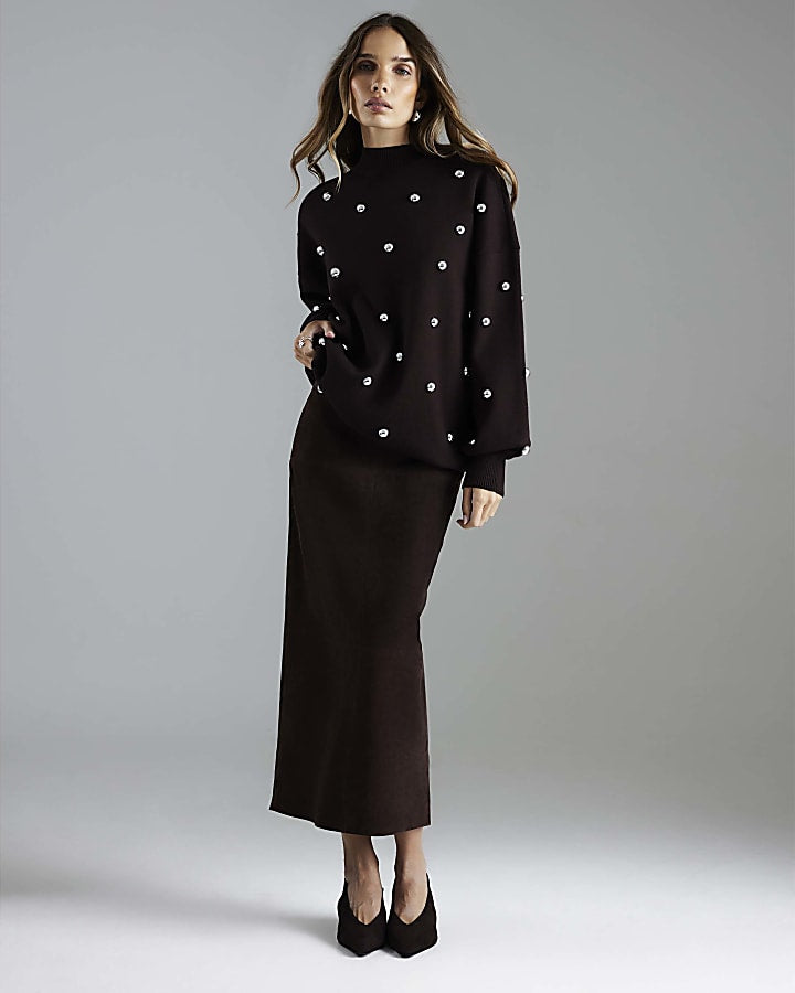 Brown Stud Embellished High Neck Jumper
