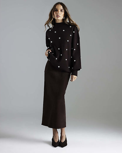 Brown Stud Embellished High Neck Jumper