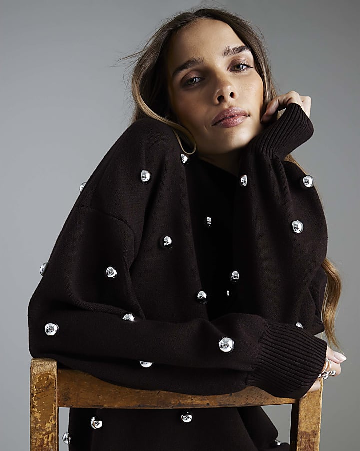 Brown Stud Embellished High Neck Jumper