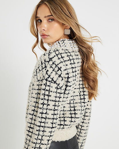 Cream Boucle Knit Pearl Trim Cardigan | River Island