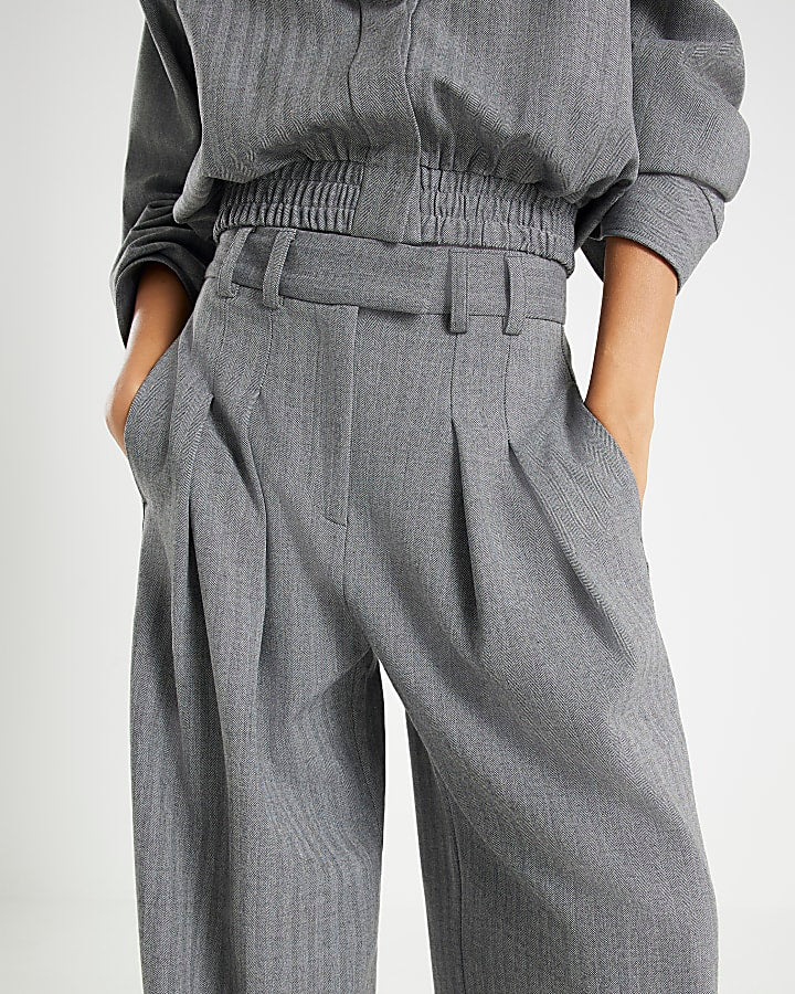 Grey Herringbone Wide Leg Trousers