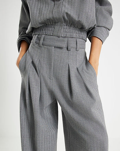 Grey Herringbone Wide Leg Trousers