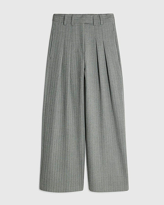 Grey Herringbone Wide Leg Trousers