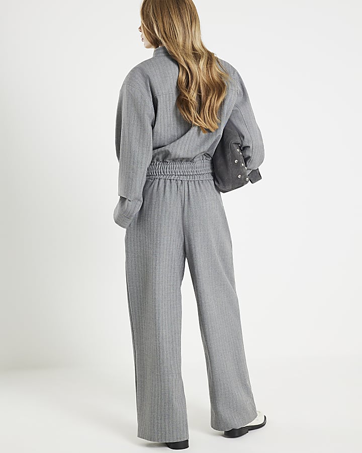 Grey Herringbone Wide Leg Trousers