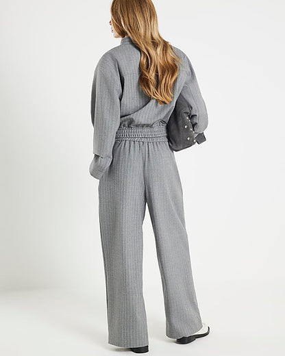 Grey Herringbone Wide Leg Trousers