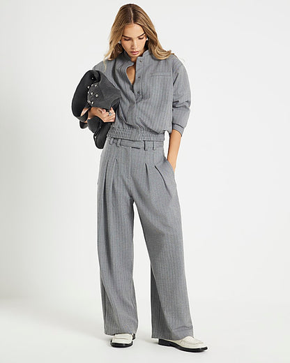Grey Herringbone Wide Leg Trousers