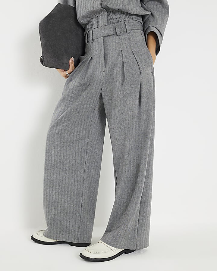 Grey Herringbone Wide Leg Trousers