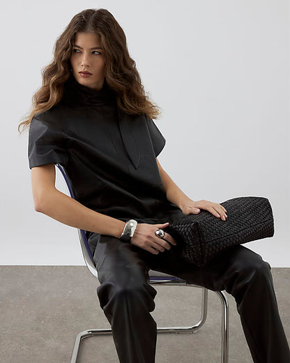 RI Studio Black Leather Funnel Tie Top