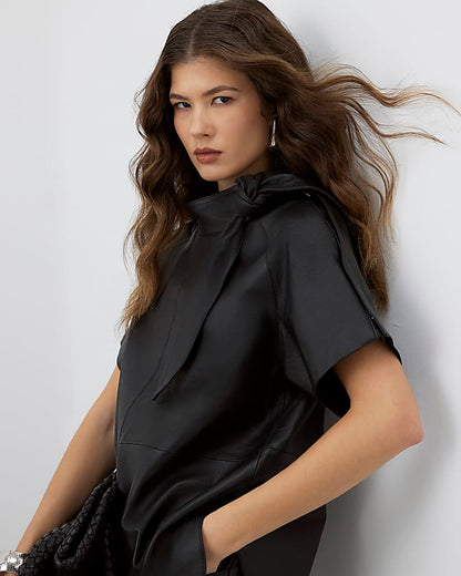 RI Studio Black Leather Funnel Tie Top