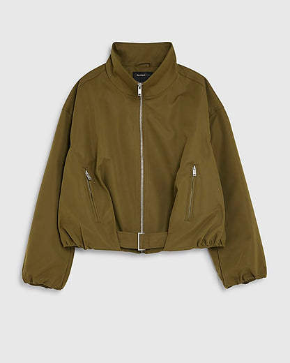 Khaki Belted Bubble Hem Jacket