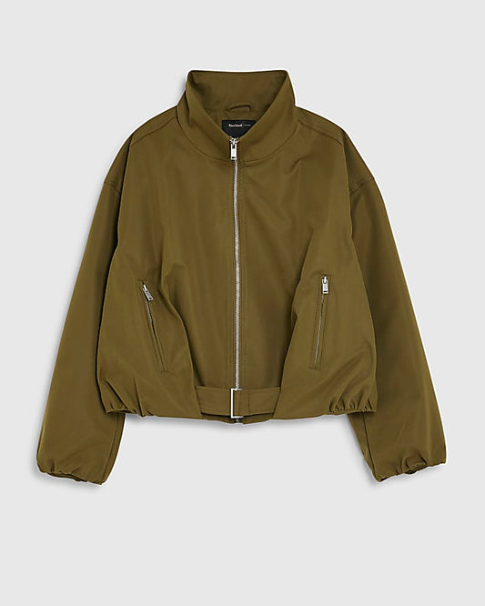 Khaki Belted Bubble Hem Jacket