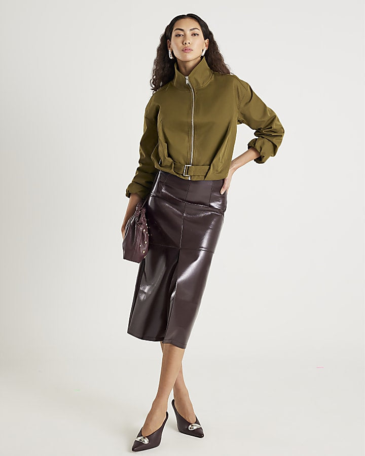 Khaki Belted Bubble Hem Jacket
