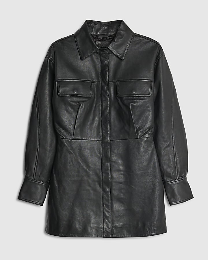 RI Studio Black Leather Shirt Mini Dress