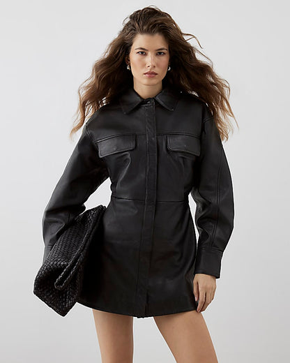 RI Studio Black Leather Shirt Mini Dress