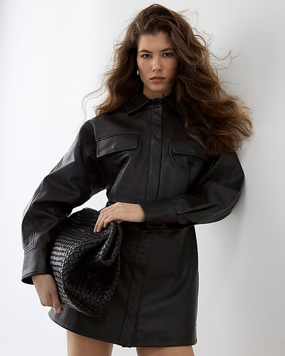 RI Studio Black Leather Shirt Mini Dress