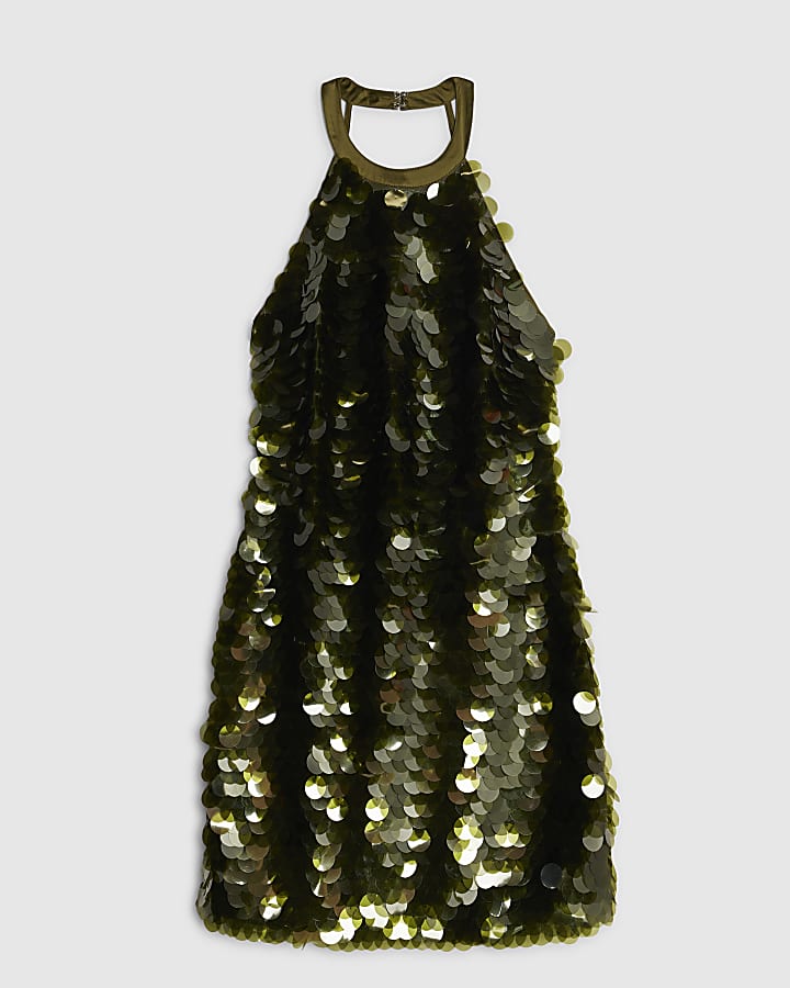 Green Halter Neck Sequin Mini Dress