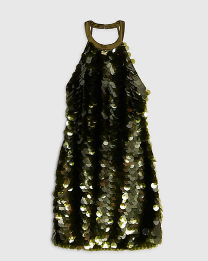 Green Halter Neck Sequin Mini Dress