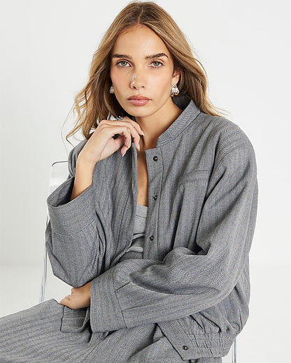 Grey Long Sleeve Herringbone Bomber Jacket