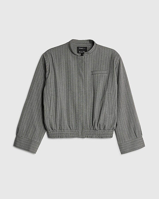 Grey Long Sleeve Herringbone Bomber Jacket