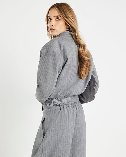 Grey Long Sleeve Herringbone Bomber Jacket