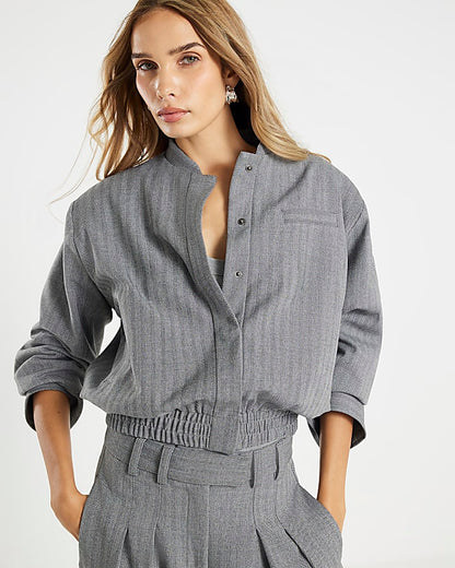 Grey Long Sleeve Herringbone Bomber Jacket
