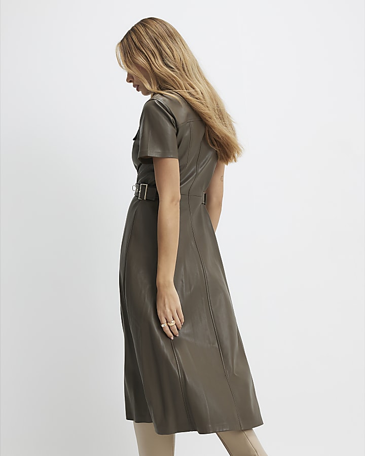 Khaki Faux Leather Midi Shirt Dress
